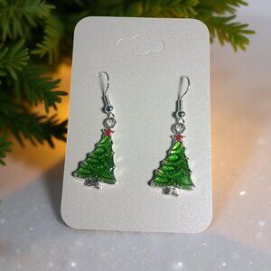Christmas Tree Earrings Green with Red Top on Silver Plated Wires